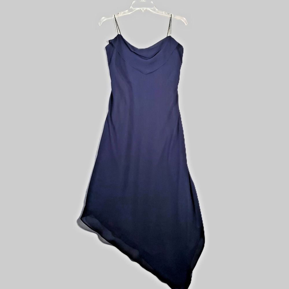 Evan Picone Y2K Slip Dress Womens 8 Navy Blue Asymmetric Draped Neck Party Fairy